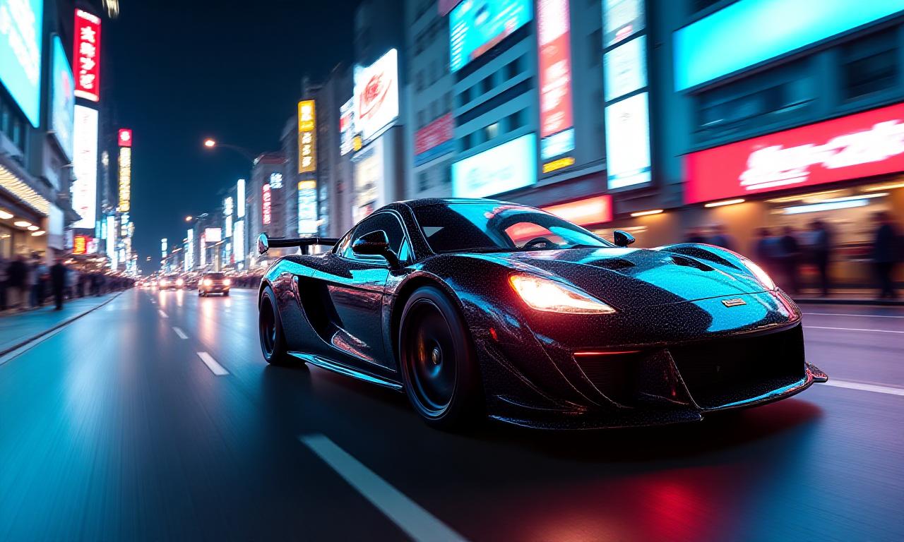 渋谷の夜を駆け抜けるスポーツカーの背景